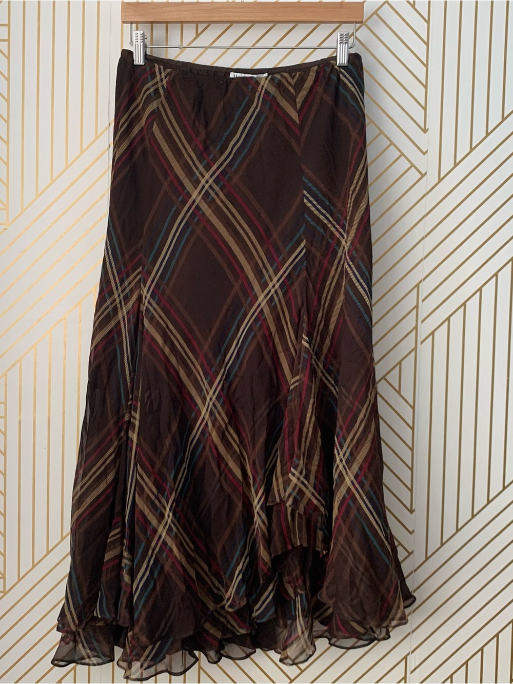 Winter Silks 100% Silk bias cut plaid tartan gypsy boho Renfair Flowy midi skirt - Picture 11 of 13